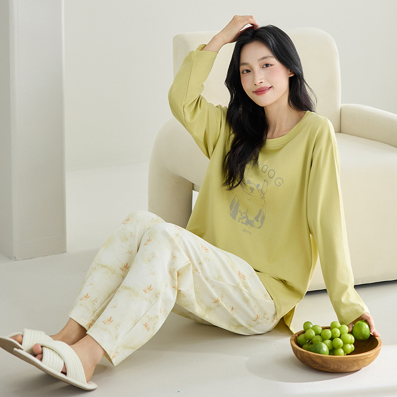 Ženski set pidžama od 100% pamuka, dugi rukavi, pulover s okruglim izrezom, udoban slobodan kroj, srednja težina pamuka, pogodan za proljeće i jesen