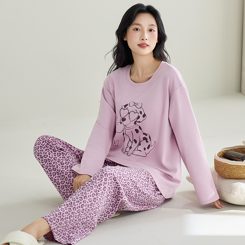 Ženski set pidžama od 100% pamuka, dugi rukavi, pulover s okruglim izrezom, udoban slobodan kroj, srednja težina pamuka, pogodan za proljeće i jesen