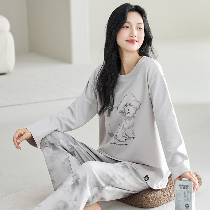 Ženski set pidžama od 100% pamuka, dugi rukavi, pulover s okruglim izrezom, udoban slobodan kroj, srednja težina pamuka, pogodan za proljeće i jesen