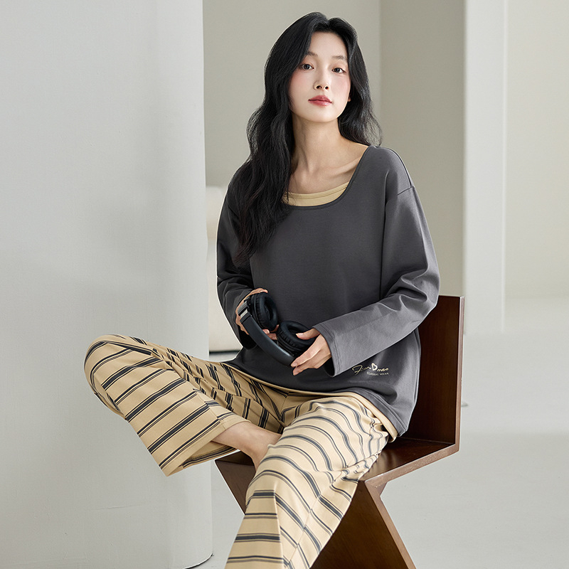 Ženski set pidžama od 100% pamuka, dugi rukavi, pulover s okruglim izrezom, udoban slobodan kroj, srednja težina pamuka, pogodan za proljeće i jesen