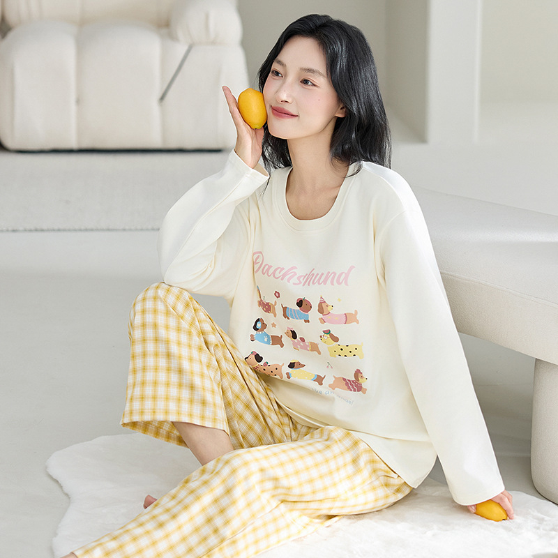 Ženski set pidžama od 100% pamuka, dugi rukavi, pulover s okruglim izrezom, udoban slobodan kroj, srednja težina pamuka, pogodan za proljeće i jesen