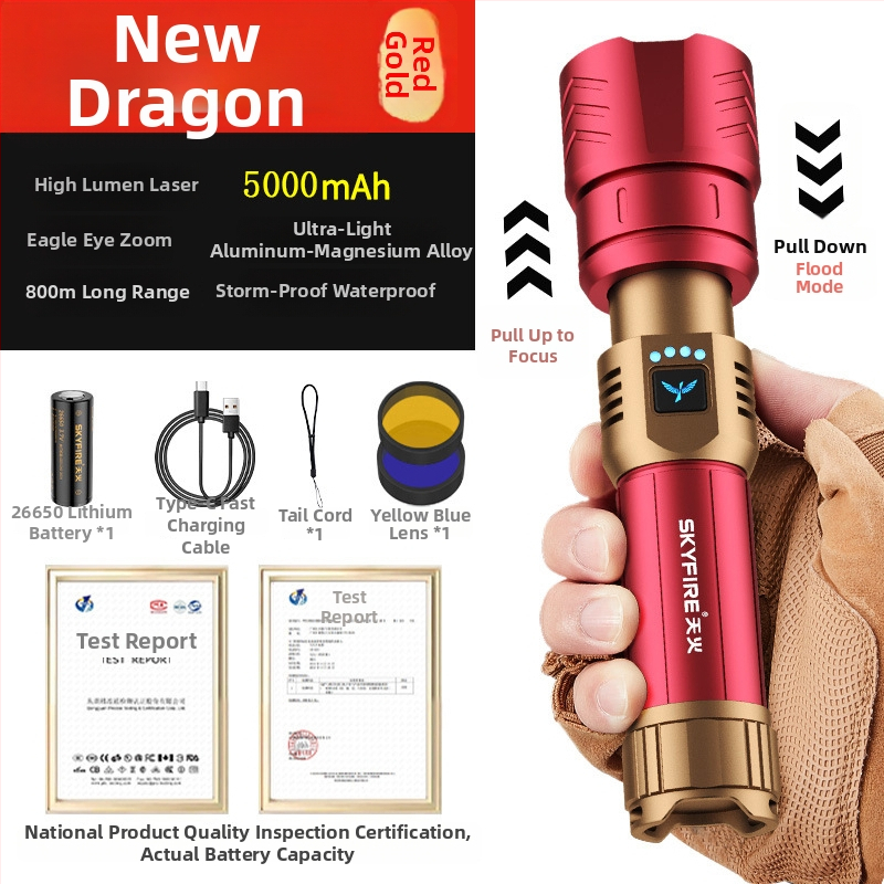 Skyfire LED batéria so laserom pre vonkajšie použitie, dosah 500 m+, 4000 mAh, 16 W, hliníková zliatina, ručné nabíjanie, 360° otáčanie