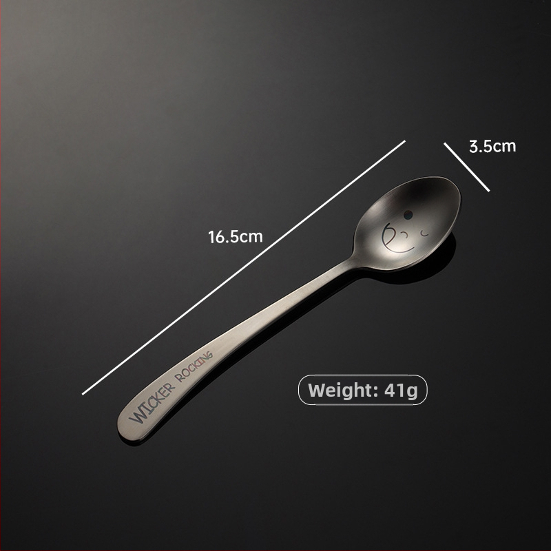 Sada príborov z 304 nerezovej ocele s laserovým motívom úsmevu a naklonenou rúčkou – lyžica, paličky a vidlička, kompletná sada s logom