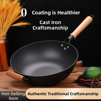 Wok z liatiny s plochým dnom, nepriľnavé povrchové úpravy, čínske štýl, pokrievka z nehrdzavejúcej ocele so skleneným viečkom