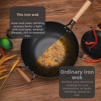 Wok z liatiny s plochým dnom, nepriľnavé povrchové úpravy, čínske štýl, pokrievka z nehrdzavejúcej ocele so skleneným viečkom
