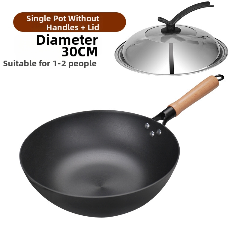 Wok z liatiny s plochým dnom, nepriľnavé povrchové úpravy, čínske štýl, pokrievka z nehrdzavejúcej ocele so skleneným viečkom