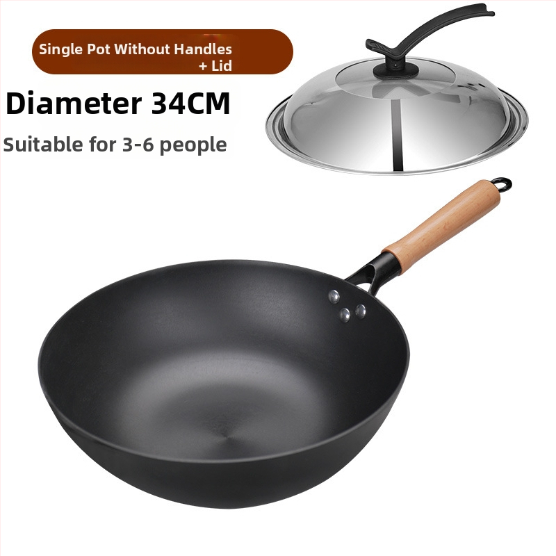 Wok z liatiny s plochým dnom, nepriľnavé povrchové úpravy, čínske štýl, pokrievka z nehrdzavejúcej ocele so skleneným viečkom