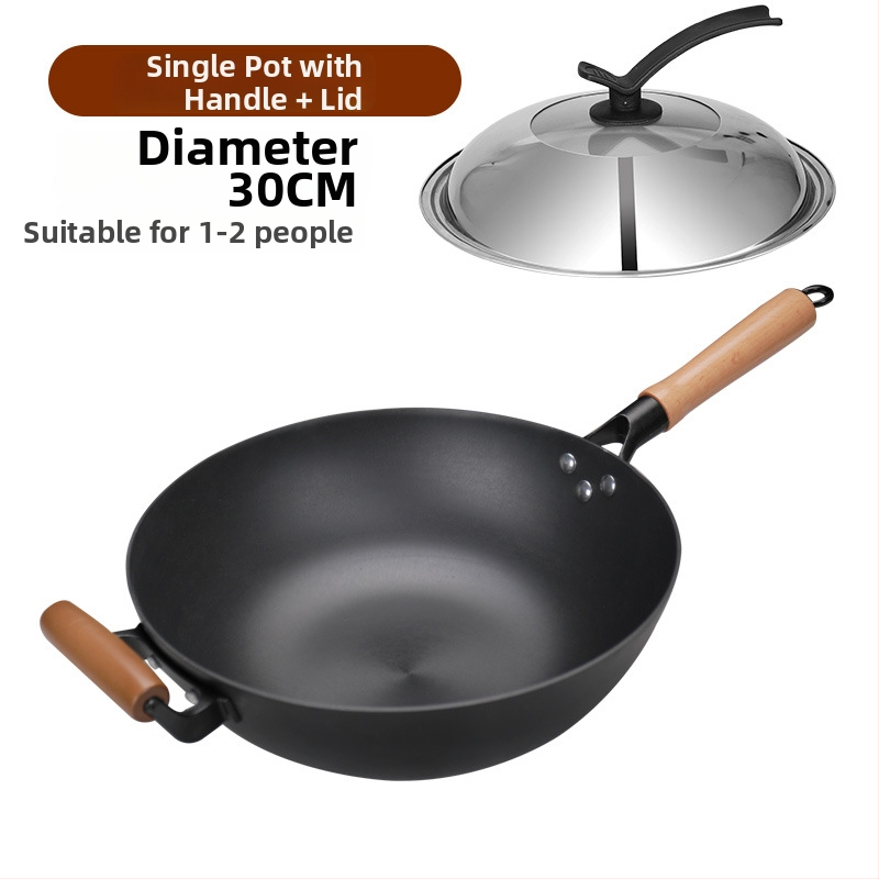 Wok z liatiny s plochým dnom, nepriľnavé povrchové úpravy, čínske štýl, pokrievka z nehrdzavejúcej ocele so skleneným viečkom