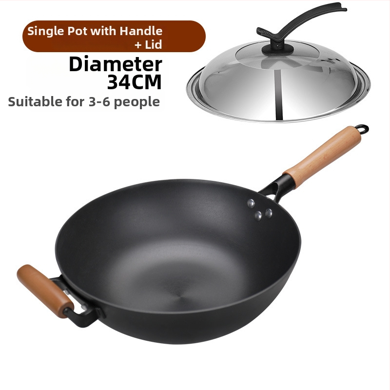 Wok z liatiny s plochým dnom, nepriľnavé povrchové úpravy, čínske štýl, pokrievka z nehrdzavejúcej ocele so skleneným viečkom