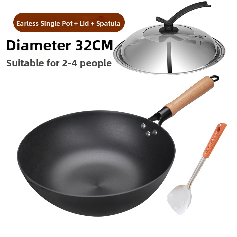 Wok z liatiny s plochým dnom, nepriľnavé povrchové úpravy, čínske štýl, pokrievka z nehrdzavejúcej ocele so skleneným viečkom