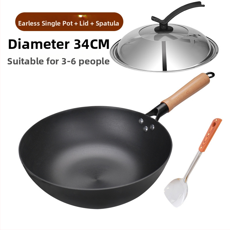 Wok z liatiny s plochým dnom, nepriľnavé povrchové úpravy, čínske štýl, pokrievka z nehrdzavejúcej ocele so skleneným viečkom