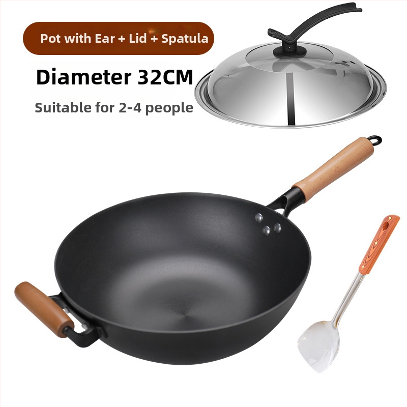 Wok z liatiny s plochým dnom, nepriľnavé povrchové úpravy, čínske štýl, pokrievka z nehrdzavejúcej ocele so skleneným viečkom