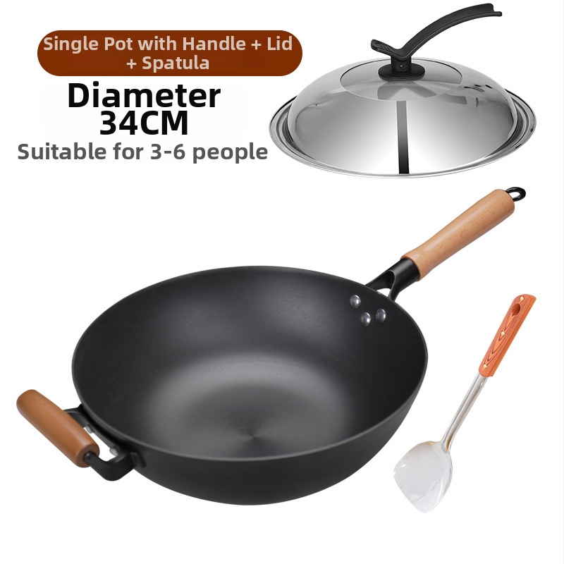 Wok z liatiny s plochým dnom, nepriľnavé povrchové úpravy, čínske štýl, pokrievka z nehrdzavejúcej ocele so skleneným viečkom