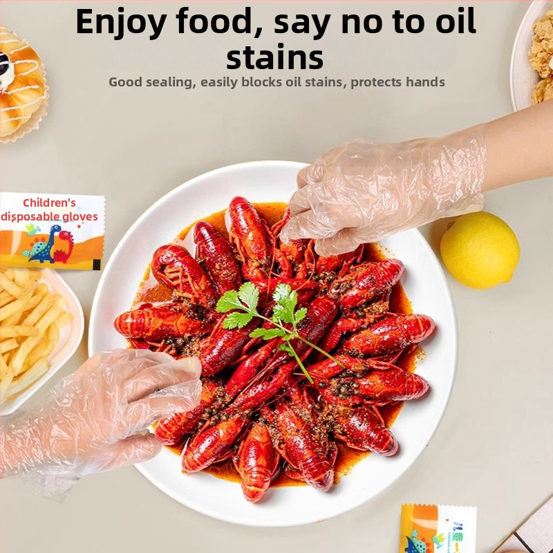 Bērnu vienreizējās lietošanas cimdi pārtikas apstrādei, PE materiāls, individuāli iepakoti, zīmols Anyou Shield, tips: vienreizējās lietošanas, pārtikas apstrādei