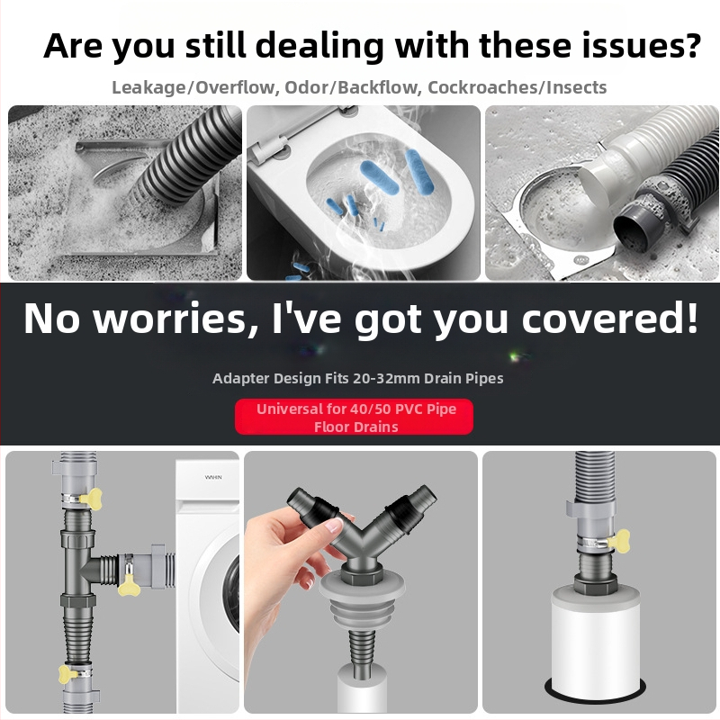 Drenážny systém pre práčku a umývadlo, univerzálny, dvojitá hlava, ťahový typ, trojcestný spoj s tesnením proti zápachu