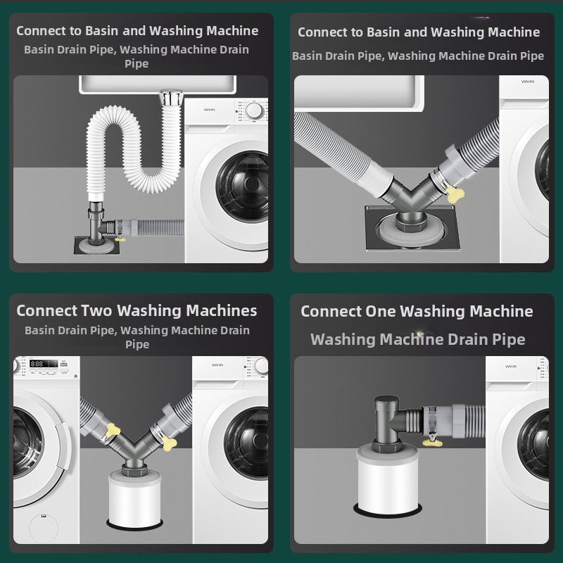 Drenážny systém pre práčku a umývadlo, univerzálny, dvojitá hlava, ťahový typ, trojcestný spoj s tesnením proti zápachu