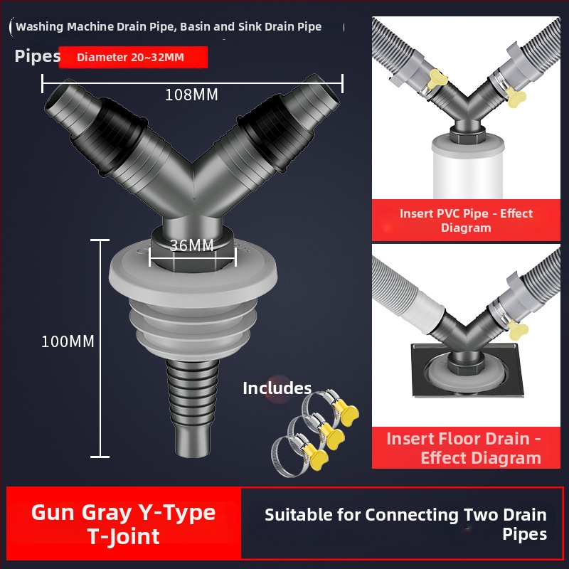 Drenážny systém pre práčku a umývadlo, univerzálny, dvojitá hlava, ťahový typ, trojcestný spoj s tesnením proti zápachu