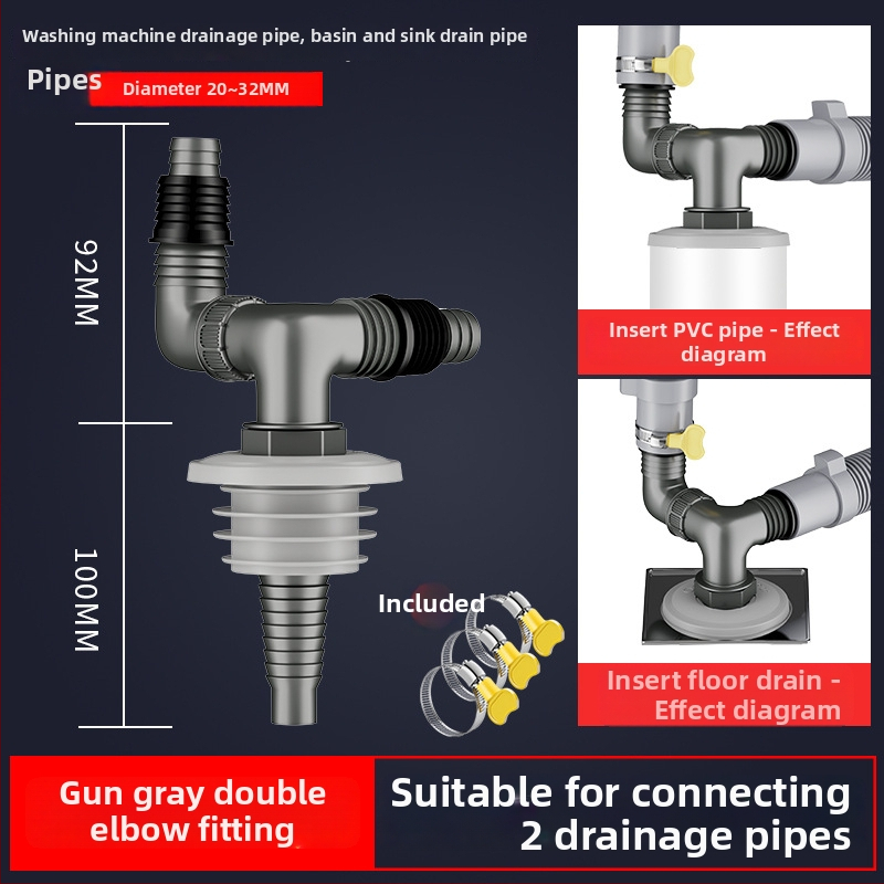 Drenážny systém pre práčku a umývadlo, univerzálny, dvojitá hlava, ťahový typ, trojcestný spoj s tesnením proti zápachu