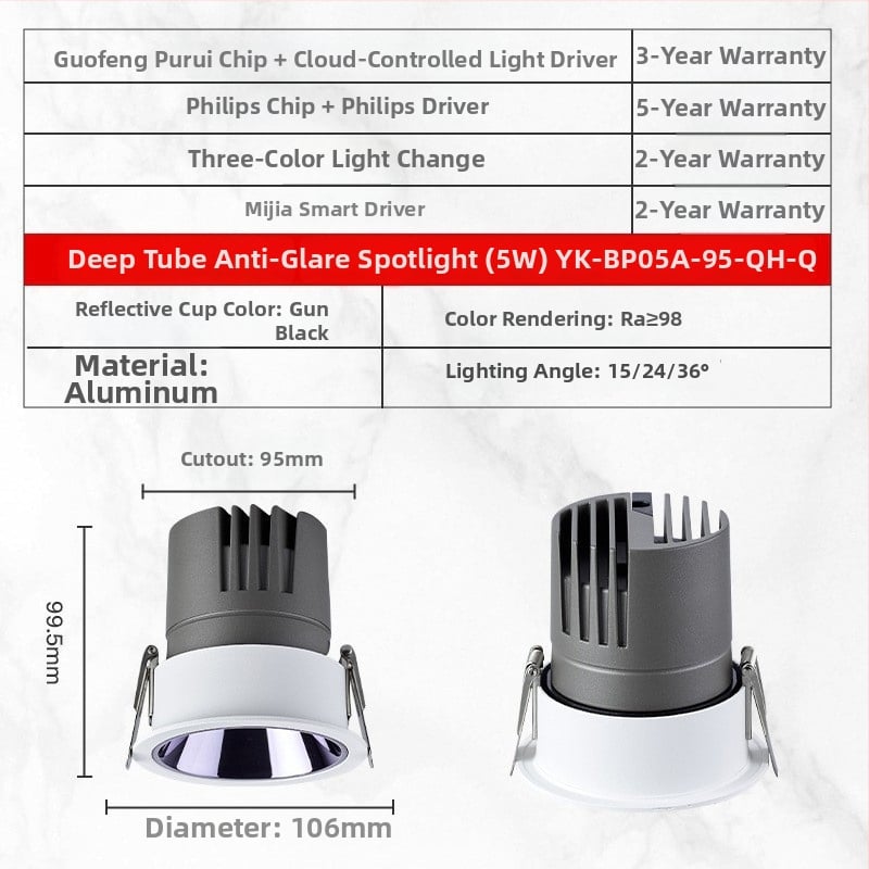 YK-BP05A Vstavané LED bodové svetlo s hliníkovým šasi, 220V, CRI ≥95, inteligentné ovládanie (tlačidlo / aplikácia / hlas), model YK-BP05A