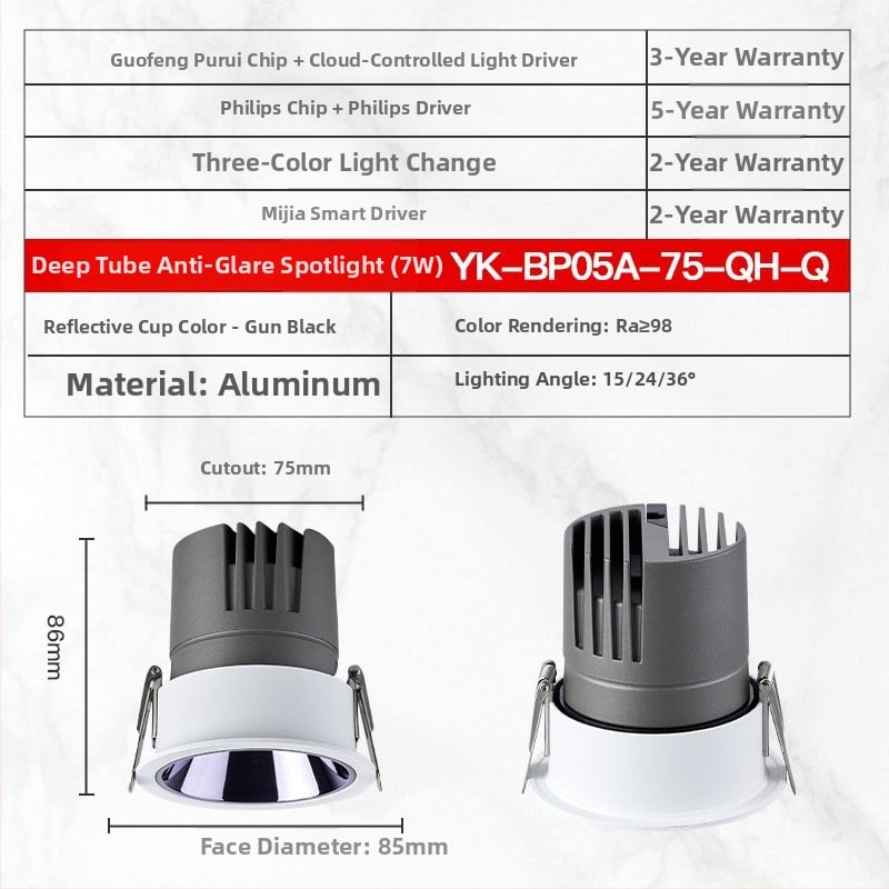 YK-BP05A Vstavané LED bodové svetlo s hliníkovým šasi, 220V, CRI ≥95, inteligentné ovládanie (tlačidlo / aplikácia / hlas), model YK-BP05A
