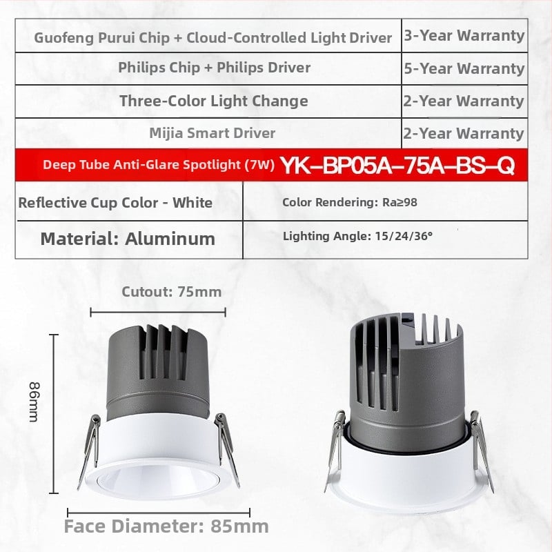 YK-BP05A Vstavané LED bodové svetlo s hliníkovým šasi, 220V, CRI ≥95, inteligentné ovládanie (tlačidlo / aplikácia / hlas), model YK-BP05A