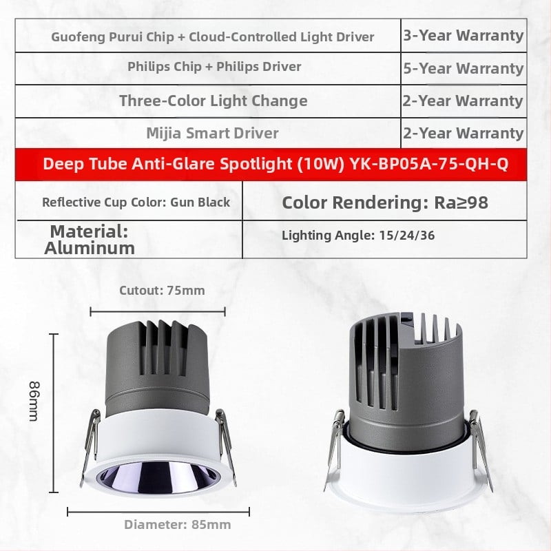 YK-BP05A Vstavané LED bodové svetlo s hliníkovým šasi, 220V, CRI ≥95, inteligentné ovládanie (tlačidlo / aplikácia / hlas), model YK-BP05A