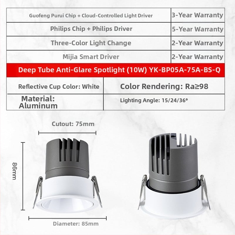 YK-BP05A Vstavané LED bodové svetlo s hliníkovým šasi, 220V, CRI ≥95, inteligentné ovládanie (tlačidlo / aplikácia / hlas), model YK-BP05A