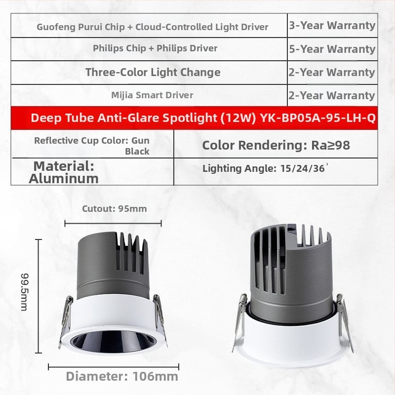 YK-BP05A Vstavané LED bodové svetlo s hliníkovým šasi, 220V, CRI ≥95, inteligentné ovládanie (tlačidlo / aplikácia / hlas), model YK-BP05A