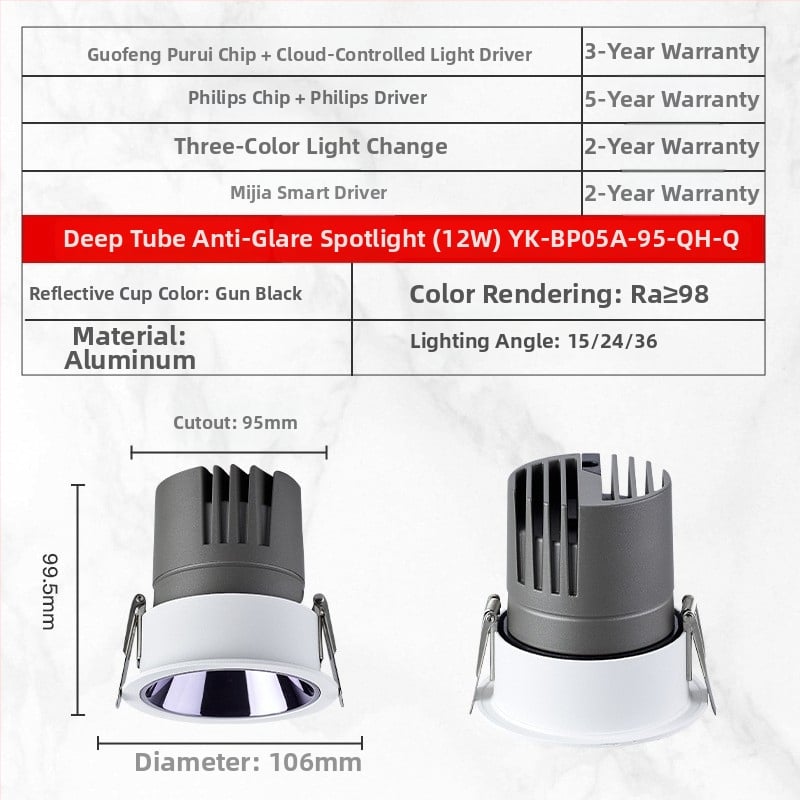 YK-BP05A Vstavané LED bodové svetlo s hliníkovým šasi, 220V, CRI ≥95, inteligentné ovládanie (tlačidlo / aplikácia / hlas), model YK-BP05A