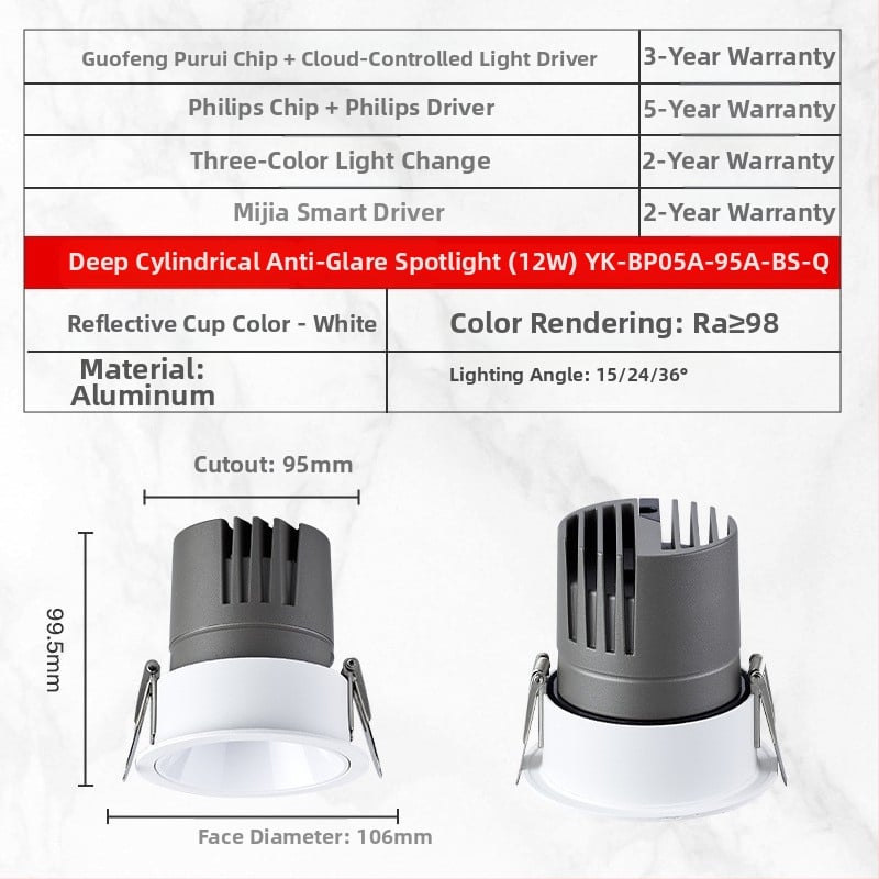 YK-BP05A Vstavané LED bodové svetlo s hliníkovým šasi, 220V, CRI ≥95, inteligentné ovládanie (tlačidlo / aplikácia / hlas), model YK-BP05A