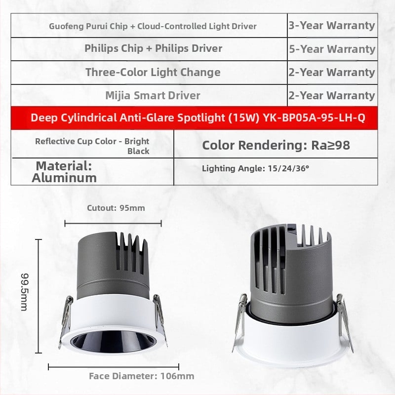 YK-BP05A Vstavané LED bodové svetlo s hliníkovým šasi, 220V, CRI ≥95, inteligentné ovládanie (tlačidlo / aplikácia / hlas), model YK-BP05A