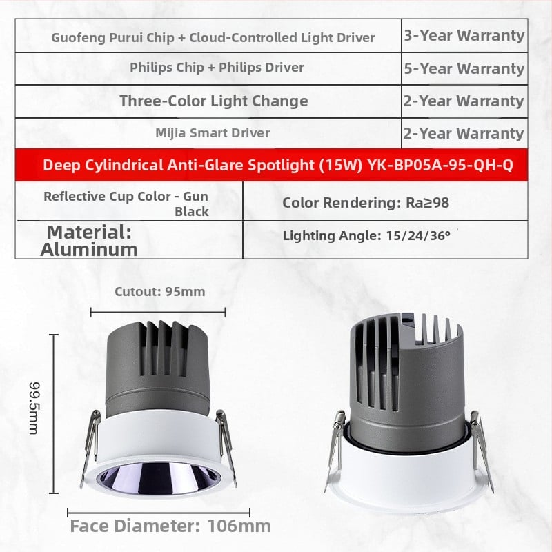YK-BP05A Vstavané LED bodové svetlo s hliníkovým šasi, 220V, CRI ≥95, inteligentné ovládanie (tlačidlo / aplikácia / hlas), model YK-BP05A