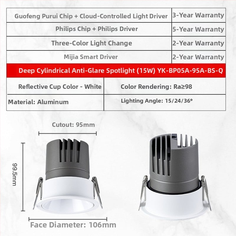 YK-BP05A Vstavané LED bodové svetlo s hliníkovým šasi, 220V, CRI ≥95, inteligentné ovládanie (tlačidlo / aplikácia / hlas), model YK-BP05A