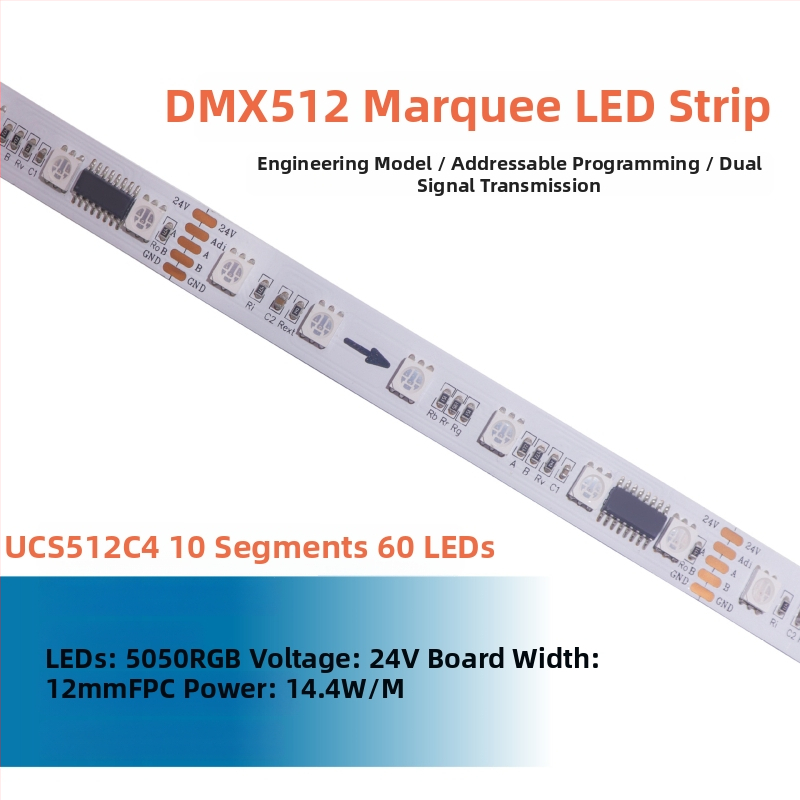 DMX512 LED pásik, 24V, 60×5050 LED, vonkajšie programovateľné, vodotesné, uhol lúča 120°