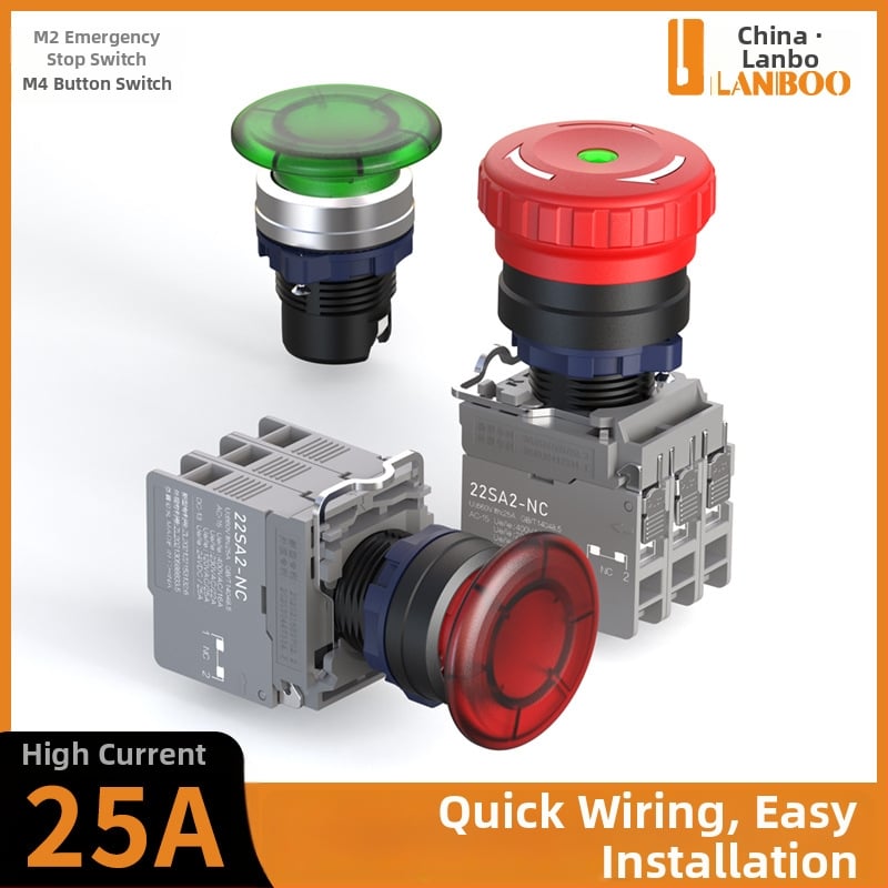 Plastový modul núdzového zastavenia so skrutkovým zapojením, ochrana IP65, napätie 3-220V, prevádzková teplota -40 až 80°C, elektrická životnosť 20 000 cyklov