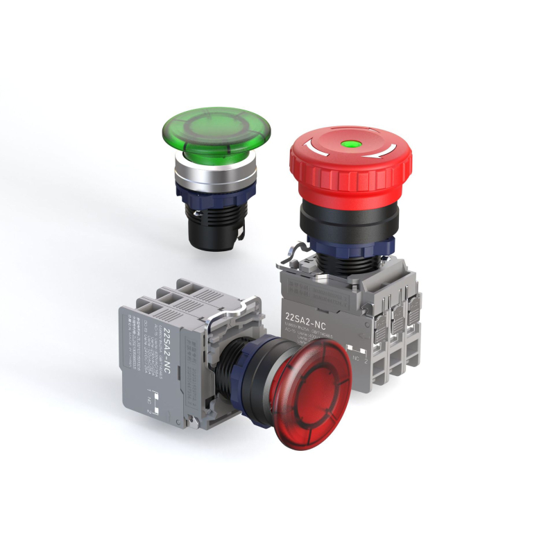 Plastový modul núdzového zastavenia so skrutkovým zapojením, ochrana IP65, napätie 3-220V, prevádzková teplota -40 až 80°C, elektrická životnosť 20 000 cyklov