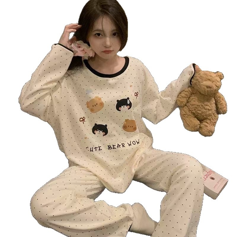 Flis pidžama set s dugim rukavima, okrugli izrez, točkasti print Little Bear, zimska kućna odjeća