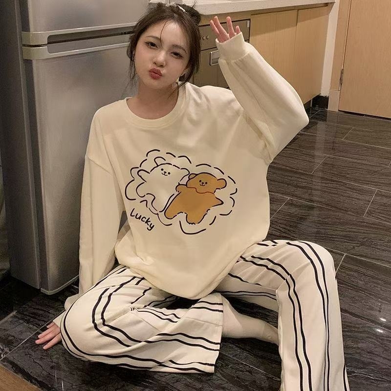 Flis pidžama set s dugim rukavima, okrugli izrez, točkasti print Little Bear, zimska kućna odjeća