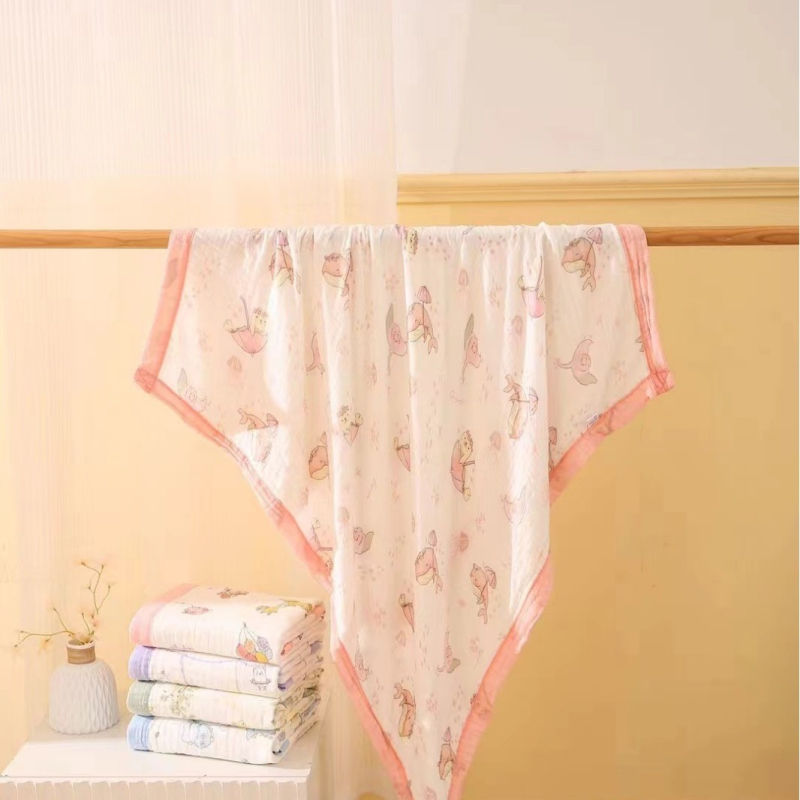 Detská šesťvrstvová gáza uterák na kúpanie, bavlna, prateľná, s karikatúrnym vzorom, hmotnosť 300–400 g