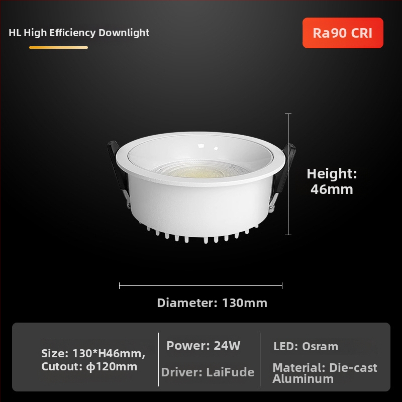 LED downlight s plným spektrom – CRI ≥90, 220V, skrytá montáž
