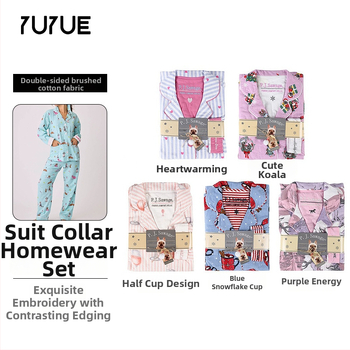 Pamukasti kućni komplet s reverom, debeli materijal, dugi rukavi i hlače, jednostavan i casual stil