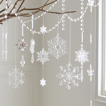 Sada 25 transparentných akrylových snehových vločiek, visiacich ozdôb pre vianočné a svadobné dekorácie, kvetinové aranžmány