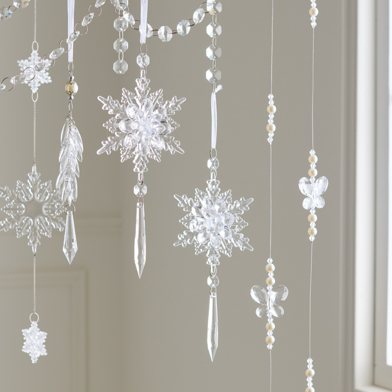 Sada 25 transparentných akrylových snehových vločiek, visiacich ozdôb pre vianočné a svadobné dekorácie, kvetinové aranžmány