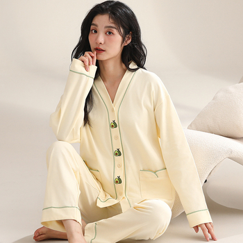 Ženski pamučni noćni set – jednostavan ležeran stil, V-dekolte, dugi rukavi, hlače