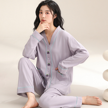 Ženski pamučni noćni set – jednostavan ležeran stil, V-dekolte, dugi rukavi, hlače