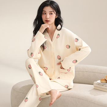 Ženski pamučni noćni set – jednostavan ležeran stil, V-dekolte, dugi rukavi, hlače