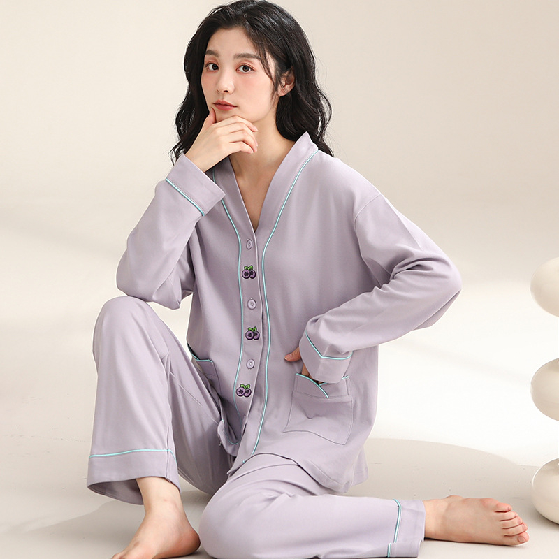 Ženski pamučni noćni set – jednostavan ležeran stil, V-dekolte, dugi rukavi, hlače