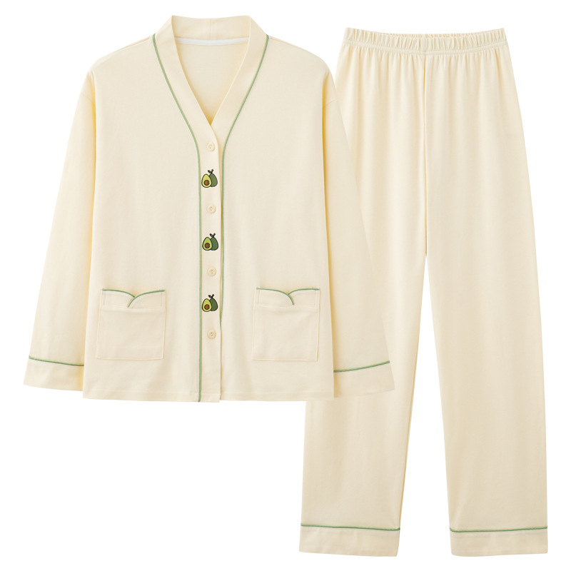 Ženski pamučni noćni set – jednostavan ležeran stil, V-dekolte, dugi rukavi, hlače