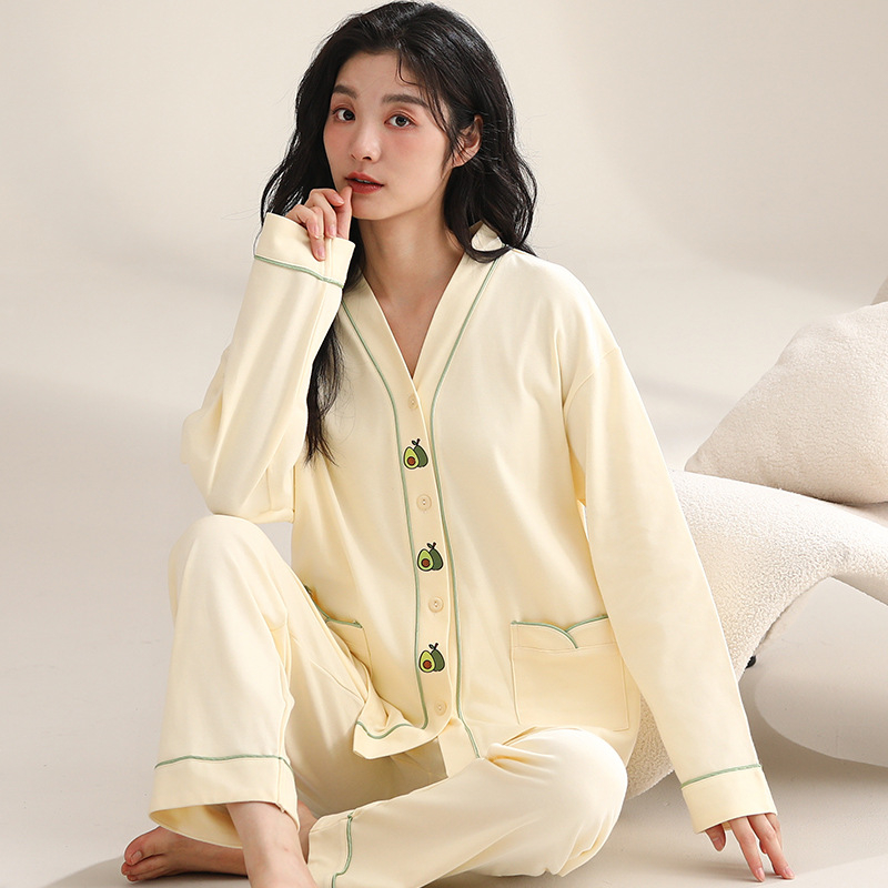 Ženski pamučni noćni set – jednostavan ležeran stil, V-dekolte, dugi rukavi, hlače