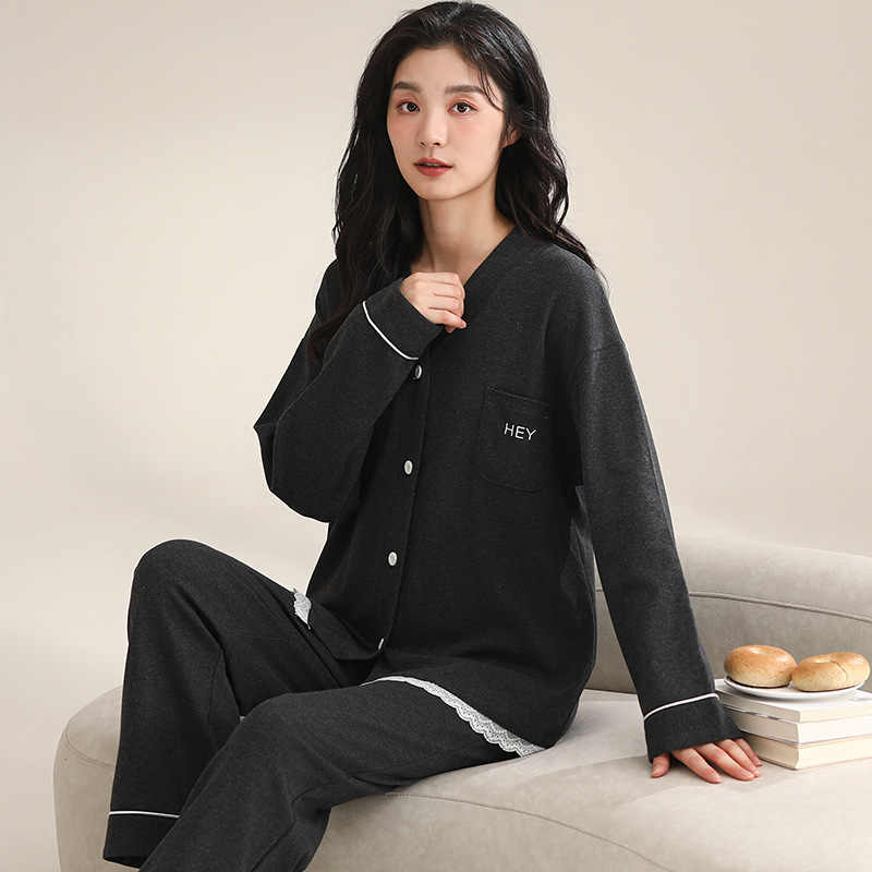 Ženski pamučni noćni set – jednostavan ležeran stil, V-dekolte, dugi rukavi, hlače